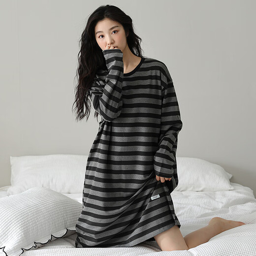熊司令2024年新款睡裙女春秋纯棉感秋冬季睡衣可外穿条纹家居服 w9767长袖睡裙 M  70-90斤