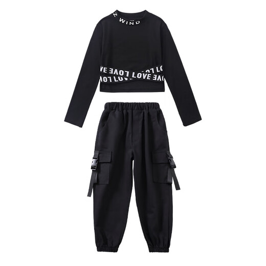 Tan Beiman Girl Dark Jazz Tanz Trendy Cool Performance Model Academy Body Training Girl Fashion Show Set 682 Black Long Sleeve + 2088 Schwarze Hose 140 cm