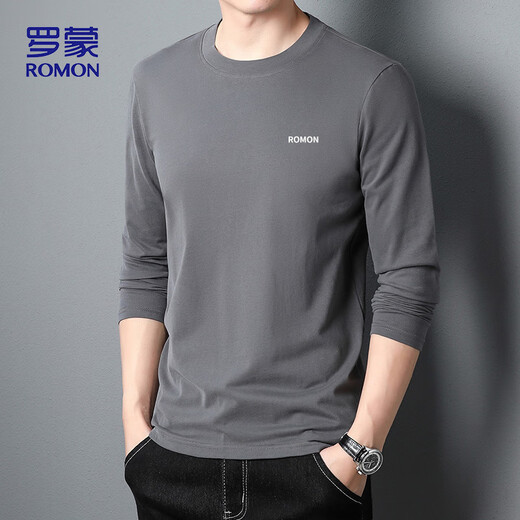 Romon long-sleeved T-shirt men's 2025 autumn solid color men's casual loose cotton bottoming shirt tops men's CT51 dark gray XL
