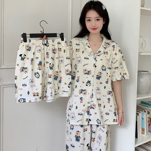Pijama para mujeres de tres piezas de animales de dibujos animados de tres piezas para primavera y verano para ropa linda para ropa casual y linda para el hogar. KK14107 L [recomendado 100-120Jin [Jin equivale a 0.5 kg]]
