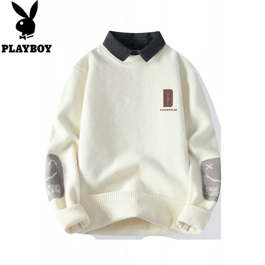 
Playboy (PLAYBOY) shirt collar sweater men autumn and winter style plus velvet thickened fake two-piece sweater men loose casual inner sweater M9901 m white M