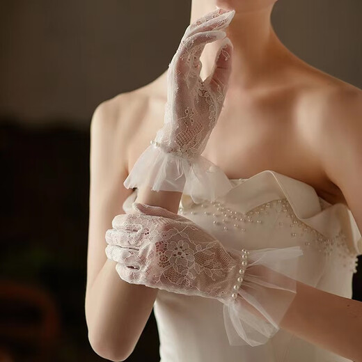 Vestido nupcial de Linong Guantes de boda Corea Corea Corea Short French French Simple Tul Transparente Exquisito Elegante Pearl Bee White