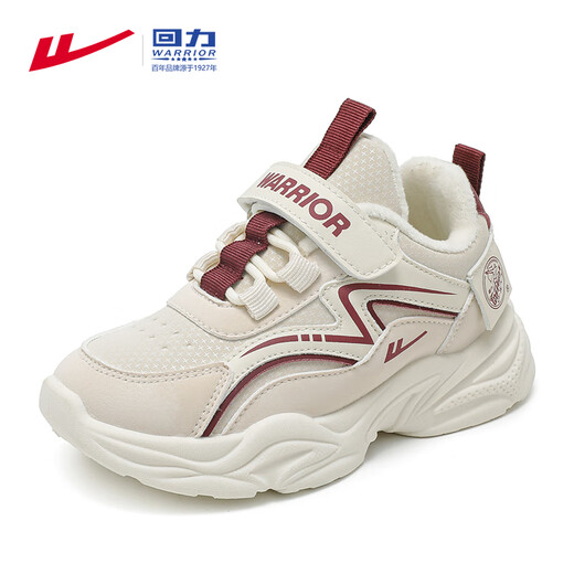 Warrior Girls' Velcro Sports Cotton Shoes Autumn and Winter Children's Casual Velvet Dad Shoes WZ-C122L Rice/Burgundy 36