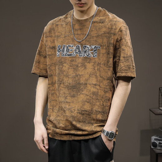 Romon American trendy short-sleeved T-shirt men's heavy loose large-size base shirt summer versatile bf style T-shirt trendy top 9925 brown T-shirt L