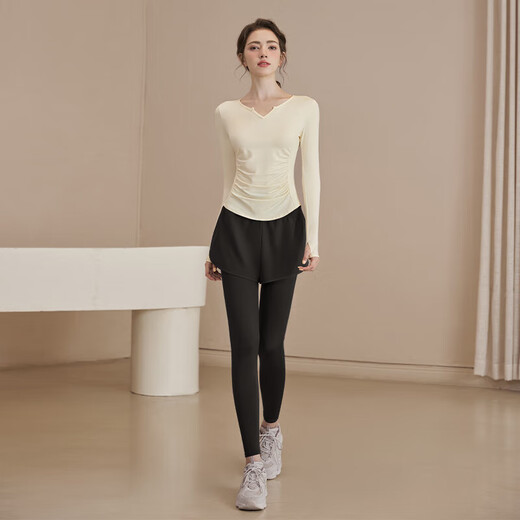 LULUUVTTOH yoga clothing suit women's Pilates autumn and winter fitness long-sleeved tops breathable running sports training clothes gray fake two-piece trousers L