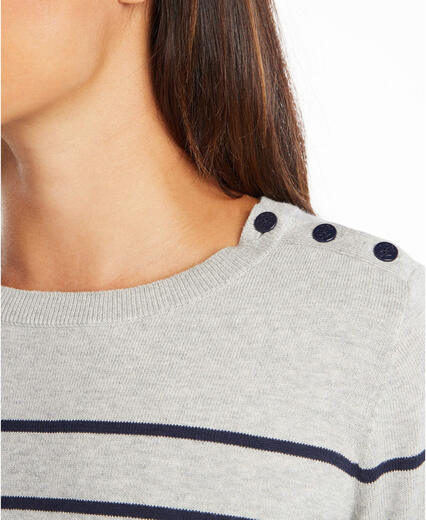 Nautica Frauen ganzjährig lange Ärmel 100% Baumwollgestreifte runde Nackenpullover Verschiedene graue mittelgroße Größe