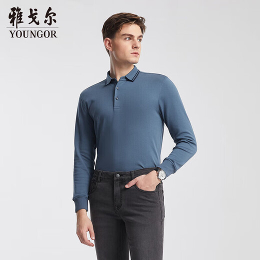 YOUNGOR POLO Men's Autumn and Winter Young Men's Business Casual Long-Sleeved POLO Shirt Blue 2XL