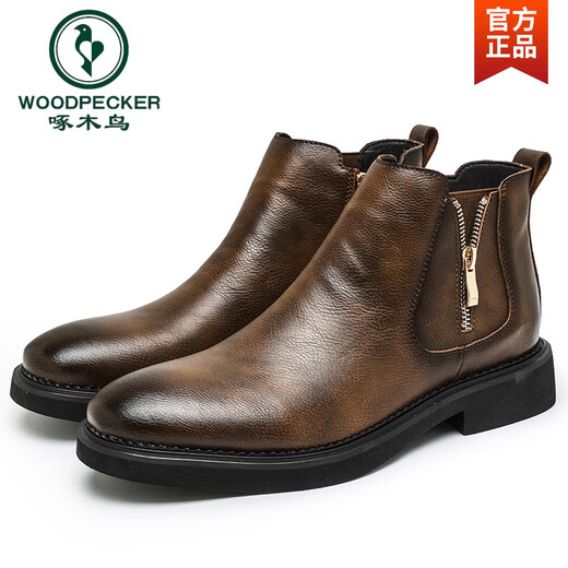 Woodpecker Autumn and Winter Martin Boots Men's Fleece Chelsea Men's Boots Low Top British Style Retro Pointed toe Medium and High Top Leather Shoes Short Boots Black 38 (240mm)