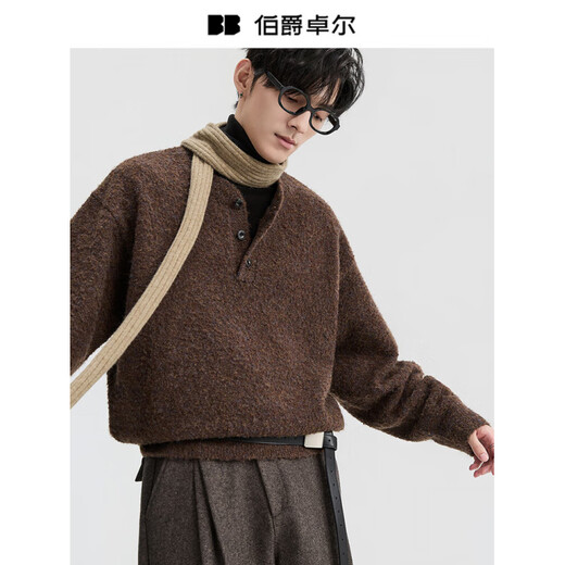 Earl Zall Wool Henley Collar Pullover Sweater Men's 2025 Autumn and Winter New Commuting Sweater Men 10112 Taupe S