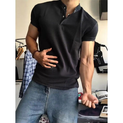 Black Henry Collar POLO Shirt Short Sleeve T-Shirt Men's Summer American Sports Fitness Right Shoulder Showing Muscles Three-quarter Sleeves White M M