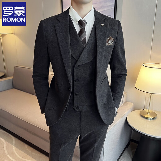 ROMON Woolen Suit Men's Autumn and Winter Suit Men's Business Formal Thickened Groom Wedding Suit Three-piece Set Black Three-piece Set + White Shirt Free Tie XL