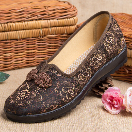 
HKQD old Beijing cloth shoes women's shoes middle-aged and elderly large single shoes 41-43 large size grandma flat shoes plus fat mother shoes 7170-15 brown color H 38 women's style