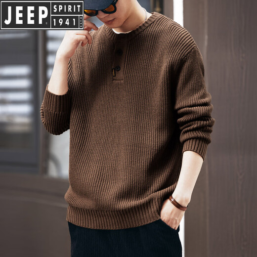 JEEP SPIRIT Jeep American retro knitted Henry sweater lazy style autumn and winter thickened vertical striped workwear pullover sweater for men Khaki S suitable for 90-110Jin Jin equals 0.5 kg