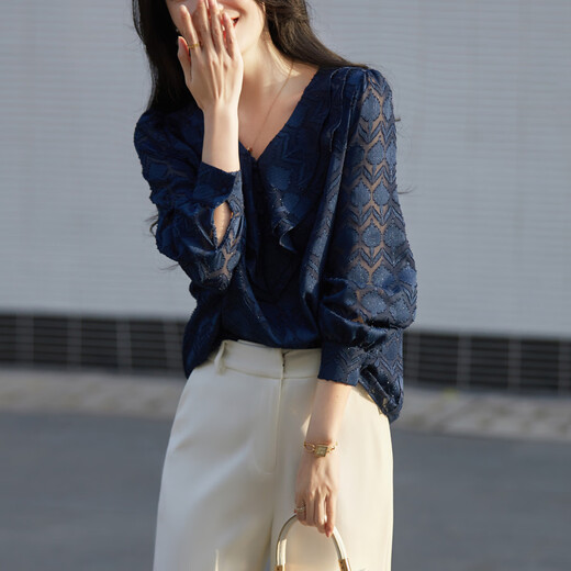 Demana bright silk glitter quality spring and autumn French V-neck long-sleeved shirt jacquard temperament shirt women's tops