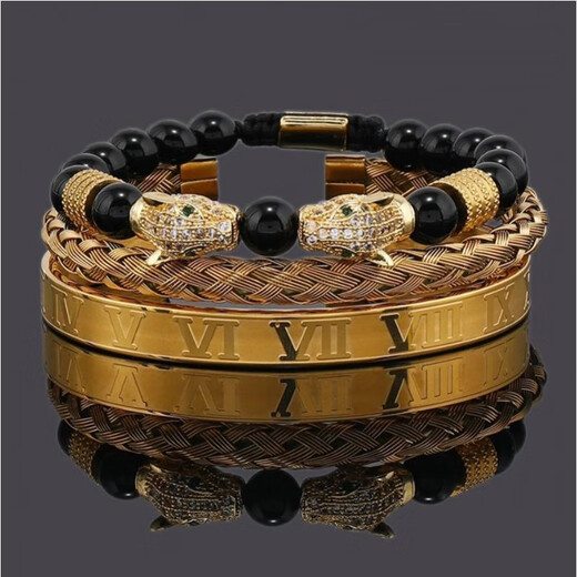 Pangdonglai Qualität Doppelköpfiges Leopardenarmband Kupfer Mikroset Zirkon schwarzes Achatarmband gewebte Männer aus Edelstahl Römisch-Armband Stapel ZJ12807