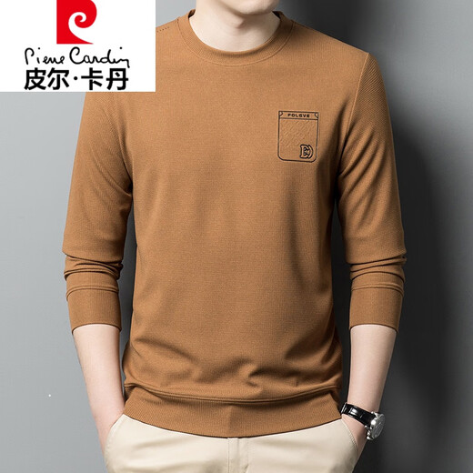 皮尔卡丹（pierre cardin）圆领卫衣男春秋新款长袖t恤休闲打底衫男装上衣针织 833卡其色【长袖】 薄款 M 165建议100-120斤