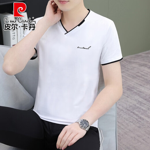 Pierre Cardin 2024 Neuer Sommer V-Ausschnitt Männer kurzärmelig T-Shirt Solid Color Casual Trendy und vielseitige Männer halbärmelte Top Qy693 Dark Grey M [Empfohlen 100-115jin [Jin gleich 0,5 kg]]]