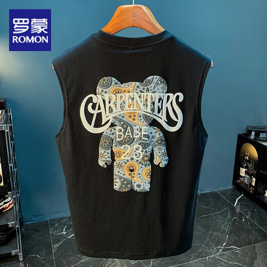 ROMON Loose American Vest Men's 2025 Summer Trendy Printed Sleeveless T-shirt Waistcoat Casual Sports T-shirt Men Black HJ9906-1 5XL