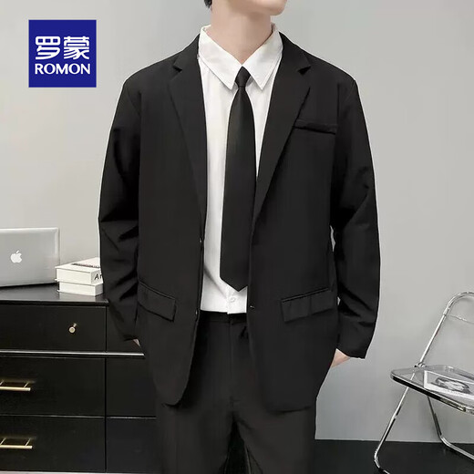 Luo Meng suit set, a complete set of new wedding performance, Korean version, casual commuting, college student interview, professional formal suit, black suit + trousers + white shirt + tie (four-piece set) M
