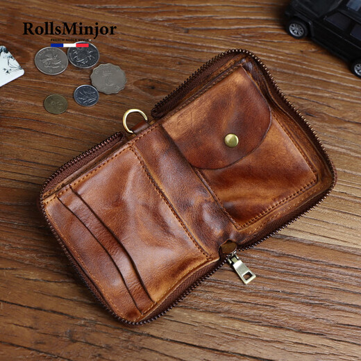 Rollsminjor echte Leder-Brieftasche Herren Kurzer vertikal handgefertigter Gemüse gebräunter Kopfschicht Cowide Retro Reißverschluss Brieftasche mittleren Alters und Jugend Geschenkbox Retro Black 9*2,5*12 cm