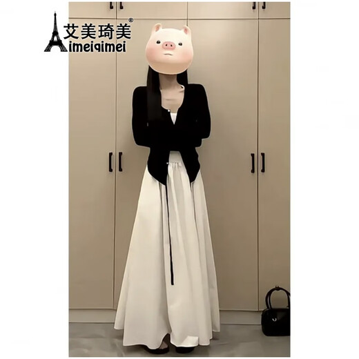 
AIMEIQIMEI French Spring and Autumn Women's suspender dress 2025 new vacation style autumn women's suit slim white skirt black cardigan + dress M