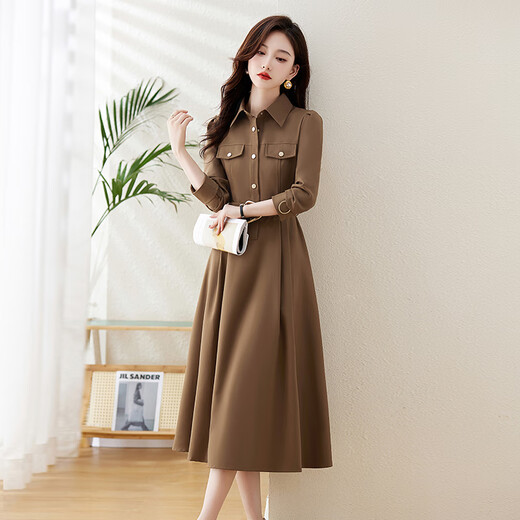 Chu Xin's high-end long-sleeved shirt dress for women 2025 spring and autumn new women's waist slimming temperament knee-length skirt Khaki XL recommended 115-125 Jin Jin equals 0.5 kg