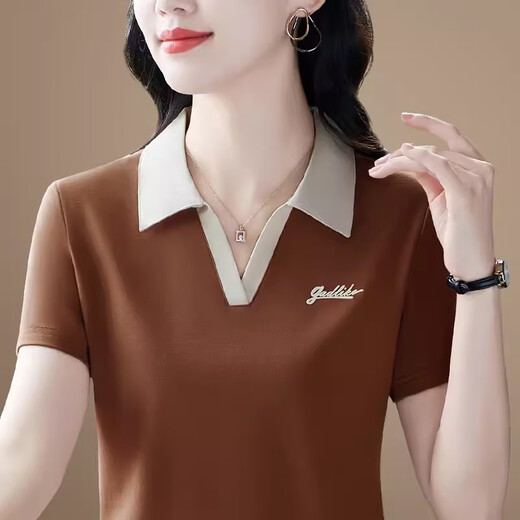 洛比狮Polo衫短袖t恤女中年妈夏季新款高端带领套头衫半袖T恤宽松上衣女 880粉色 3XL (建议130-139斤)