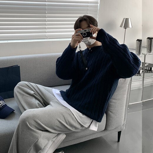 Kuraishi Kazuki Henry collar twist pullover men's autumn and winter lazy warm Korean style loose sweater jacket floral gray M