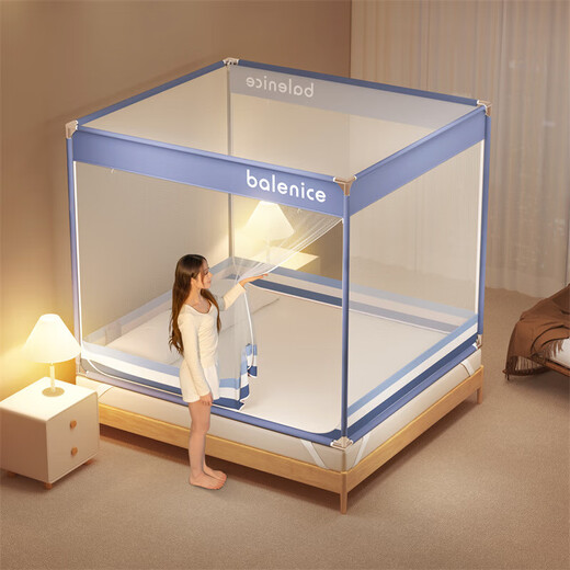 Yalu Class A Anti-fall Mosquito Net 1.2x2m Baby and Child Home Bedroom Mosquito Net Frame Large Bed 1.5U Type Thickened Bracket Three-Door Model - Light Year Blue Class A Net Yarn 1.8m Bed (Width 180*Length 200cm*Height 170cm)
