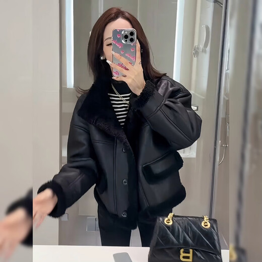 Pierre Cardin fur one-piece lamb plush thick coat for women 2025 autumn and winter new style Maillard short plush leather jacket coffee color M recommended 85-118Jin Jin is equal to less than 0.5 kg