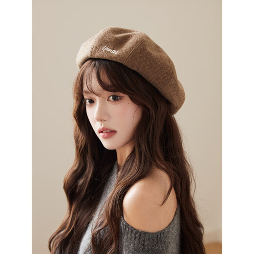 Complete autumn and winter retro woolen beret Korean style letter embroidered pumpkin hat apricot M one size (55-59c) adjustable