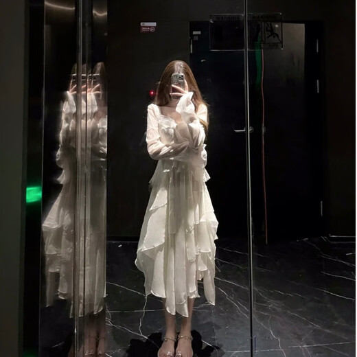 Yanlifen Französisch sanfte Stil Weiß Chiffon Kleid Frauen Herbststil Temperament Schöne unregelmäßige Geburtstagskleid Sommerkleid L L.