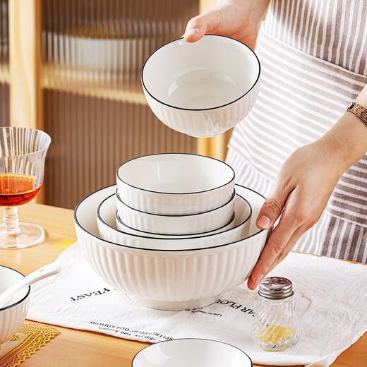 Kagawaya bowls, plates and tableware set, 6-head underglaze colored bowls and dishes set for one person, vertical black lines