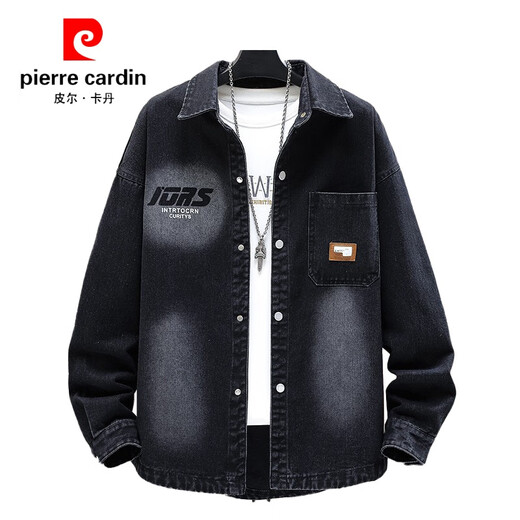 皮尔卡丹（pierre cardin）牛仔外套春秋季新款高中生男孩青少年男装帅气大学生夹克衬衫套装 9207黑色(帽子可拆卸) 品质保证 XL (125-145斤左右)