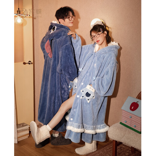 Gongdie thermal storage type Disney Stitch winter coral velvet couple nightgown for women cartoon home clothes for men