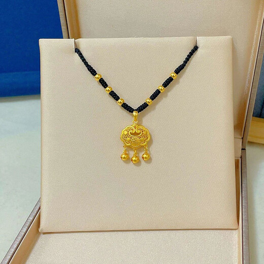 GSGD Old Phoenix Gold Pure Gold 999 Peaceful Blessing Lock Bag Longevity Lock Pendant Necklace Valentine's Day Gift Women's Gift Small Pure Gold Longevity Lock Pendant + 6 Gold Beads Black Rope