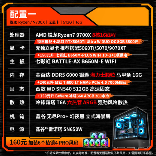 AMD Ryzen R7 9700X with Colorful RTX5060TI/RTX5070/5060 computer host e-sports complete game desktop Delta mobile assembly computer configuration one R7 9700X 16G 1T barebone system without graphics card