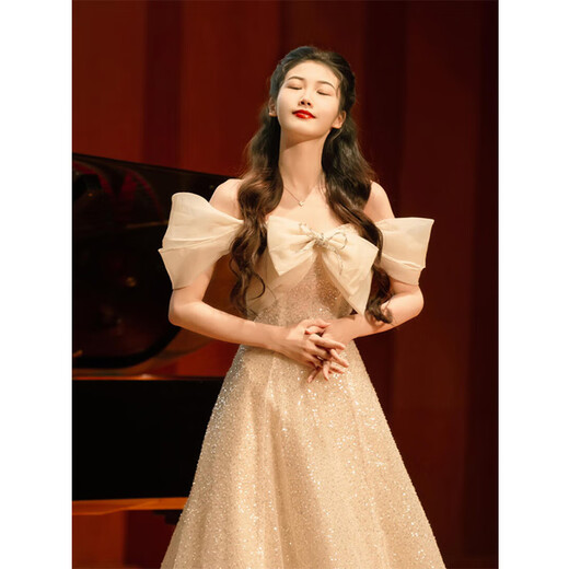 ACJK champagne color evening dress light luxury niche high-end student day art exam adult ceremony host stunning temperament one shoulder picture color THN037 2XL