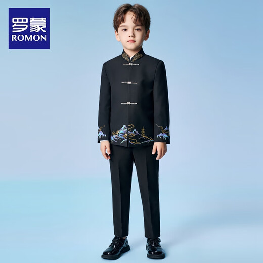 罗蒙男童中山装西装套装国风新中式西服民国儿童主持人演出服 黑色140