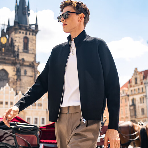 Mr. Bu Stand Collar Double Zipper Wool Cardigan 2025 Autumn Raglan Sleeve Double Pocket Jacket Men PT15573 Piano Black XL (180)