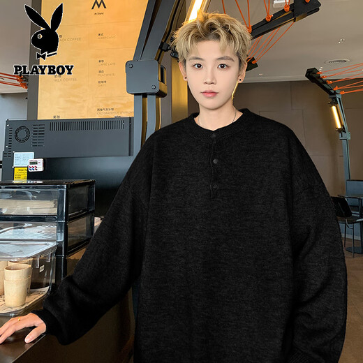 Playboy (PLAYBOY) Henry collar sweater men's winter new old money style casual bottoming shirt men's pullover warm sweater men's clothing black M