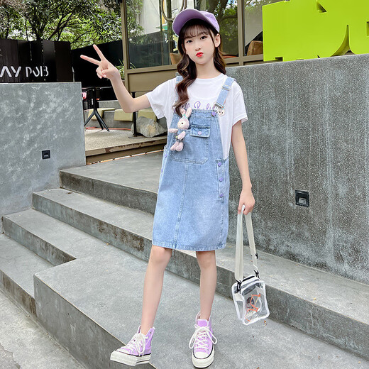 芭菲悦女孩套装夏装款4-15岁女童夏季儿童装短袖牛仔背带裤两件套衣服 套装 160码建议身高145-155cm