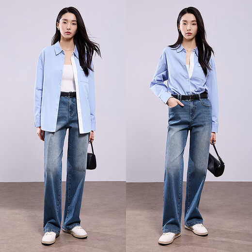 Chuyu Shirt Women's 2025 Autumn New European Style Multi-Color Bottoming Shirt Pure Cotton Versatile Top Sky Blue M