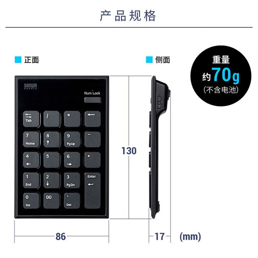 SANWASANWA SUPPLY Ultra-thin Wireless Numeric Keyboard Portable USB Keyboard Long Battery Life Suitable for Banking, Finance and Stock Trading WL21 Black Panel Bluetooth (No Receiver)