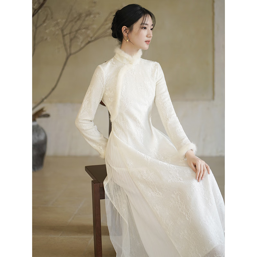 Chuchan Yishi new Chinese style Ao Dai cheongsam for women autumn and winter new white lace mesh knitted temperament national style dress white (length 125) M (ready in stock)