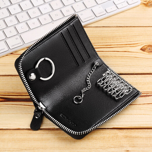 WILLIAMPOLO Emperor Paul genuine leather key bag for men's head layer leather zipper waist padlock bag Father's Day gift for dad Black-no-hanging buckle (6 locks, 4 cards, 1 car)