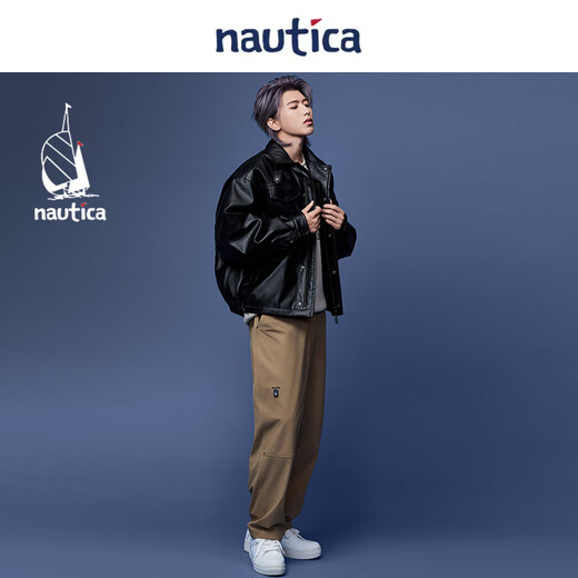 Nautica white sail star same style white sail CityBoy unisex Japanese loose O-type retro imitation leather jacket JW5402 black 0TB L