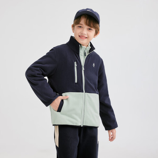 Hush Puppies children's clothing for boys and girls 2025 new autumn style vibrant contrasting color polar fleece jacket, navy blue 140 cm