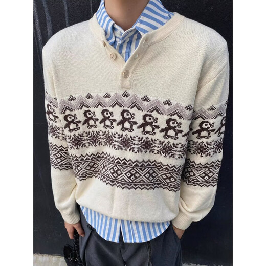 Taichiism Christmas Penguin Fair Isle Henry Neck Sweater for Men and Women, Autumn and Winter Lazy High-Quality Knitwear, Off-White 3XL 160-180Jin Jin is equal to 0.5 kg