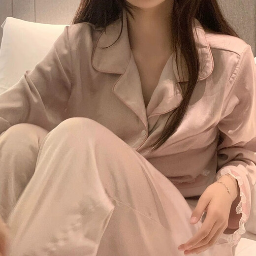 Yalu high-end pajamas for women in spring and autumn ice silk long sleeves 2024 new French lace trousers home clothing set MM#9922 M (suggested 75 95 Jin [Jin equals 0.5 kg])